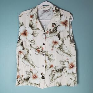 Aloha Hut Hawaii Womens Floral Sleeveless Button Up Hawaiian Top Size Large